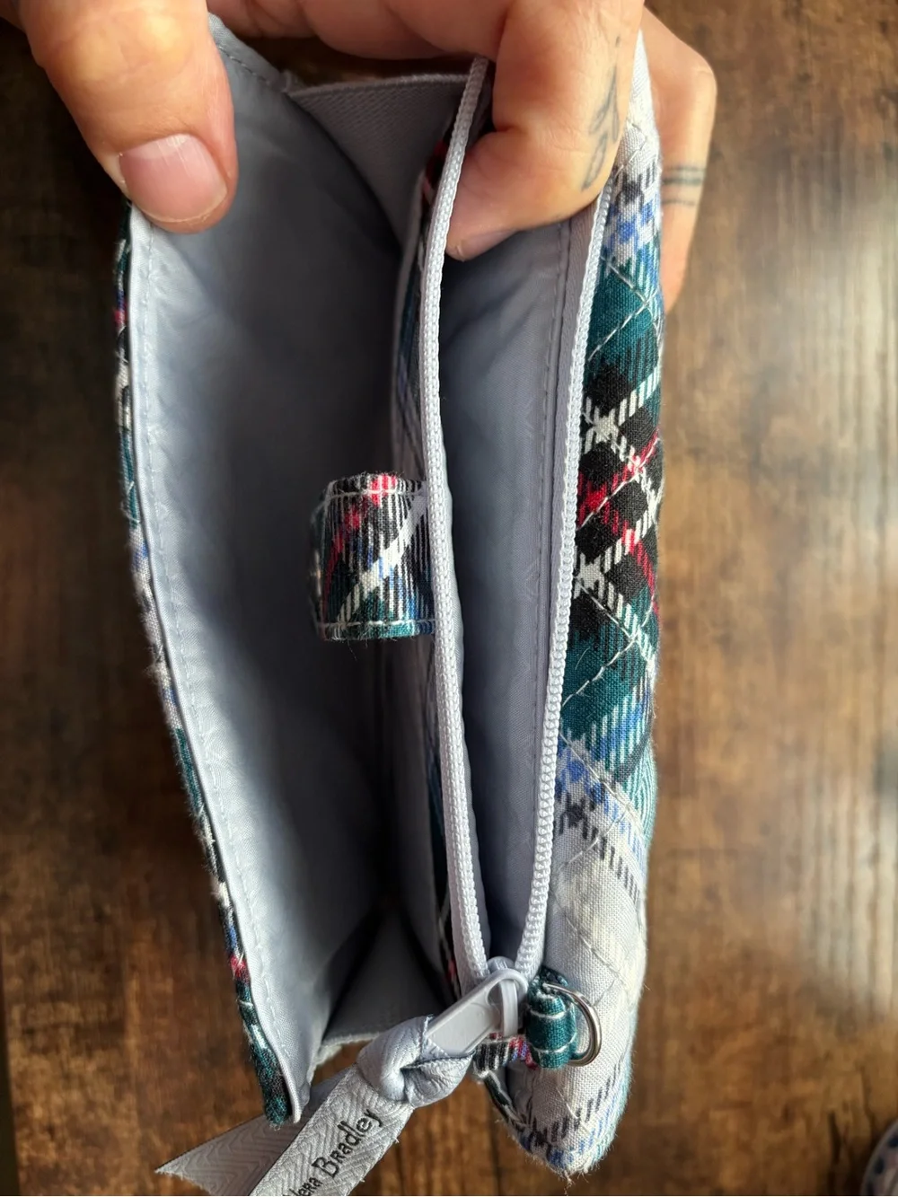 Vera Bradley Teal Green Plaid Quilted Wallet with Red Accents